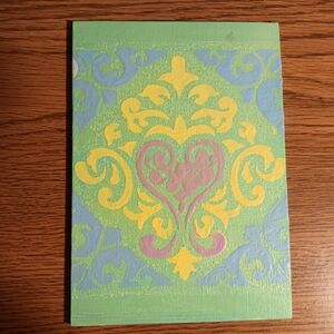 Pink Heart And Yellow On Green Abstract Floral Canvas Art in Soft Hues